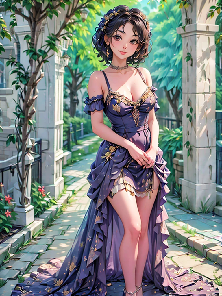 araffe woman in a floral dress standing in front of a brick wall, romantic dress, beautiful dress, wearing organza gown, lady with glowing flowers dress, wearing a long flowery dress, dressed beautiful gown, flower dress, magical dress, flowing dress, very beautiful style, fantasy dress, full dress, dress in the style of rococo, stunning dress