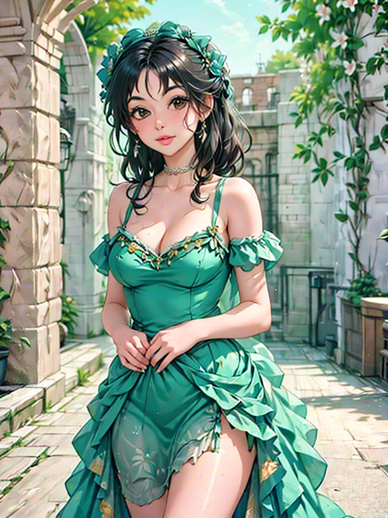 araffe woman in a floral dress standing in front of a brick wall, a pastel by Fyodor Rokotov, tumblr, rococo, romantic dress, beautiful dress, wearing organza gown, lady with glowing flowers dress, wearing a long flowery dress, dressed beautiful gown, magical dress, flower dress, flowing dress, very beautiful style, fantasy dress