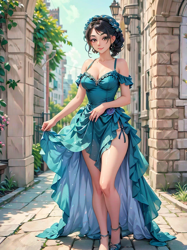 araffe woman in a floral dress standing in front of a brick wall, a pastel by Fyodor Rokotov, tumblr, rococo, romantic dress, beautiful dress, wearing organza gown, lady with glowing flowers dress, wearing a long flowery dress, dressed beautiful gown, magical dress, flower dress, flowing dress, very beautiful style, fantasy dress