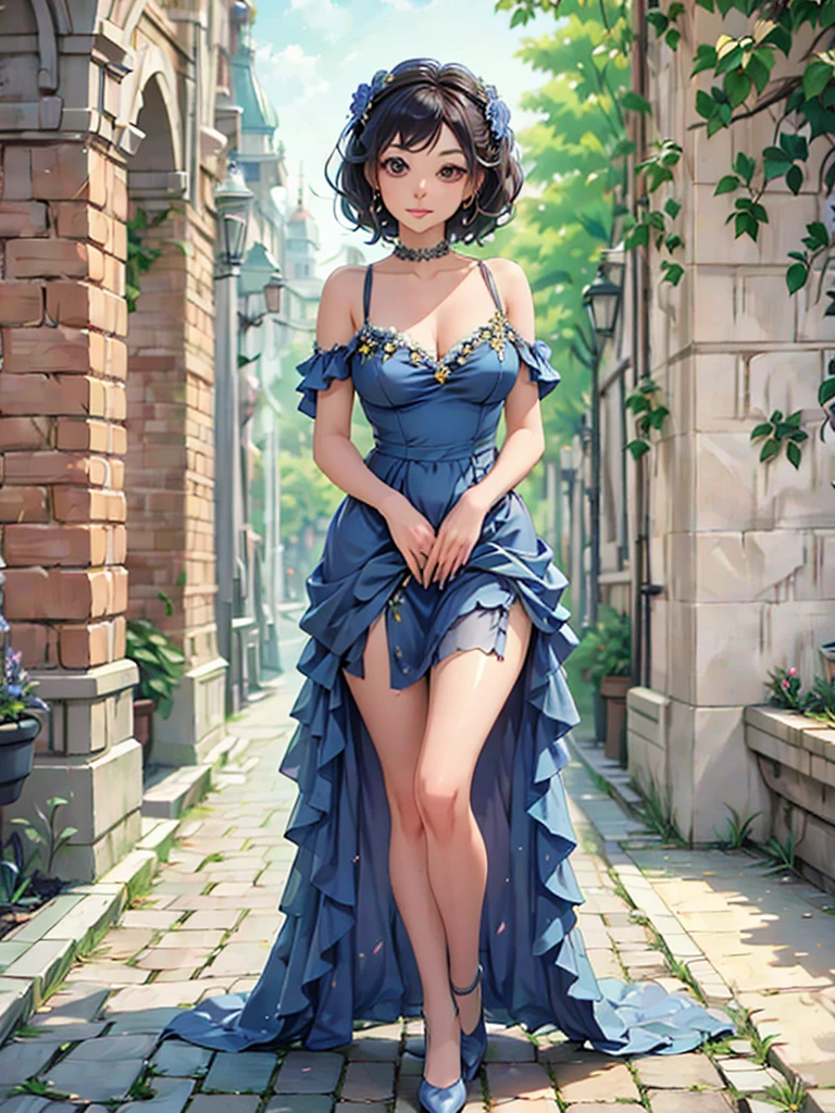 araffe woman in a floral dress standing in front of a brick wall, a pastel by Fyodor Rokotov, tumblr, rococo, romantic dress, beautiful dress, wearing organza gown, lady with glowing flowers dress, wearing a long flowery dress, dressed beautiful gown, magical dress, flower dress, flowing dress, very beautiful style, fantasy dress