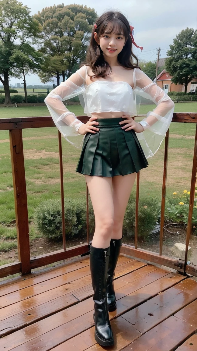(8K、RAW Photos、Highest quality、masterpiece:1.2)、(Highest quality、Realistic)、1 Girl、((Tube top、mini skirt、Idol Costume、ribbon、Medium Hair、See-through、smile、Green and black、Thin legs、whole body、boots、garden、View from the front、Looking into the camera、Stand with hands on hips))、cute