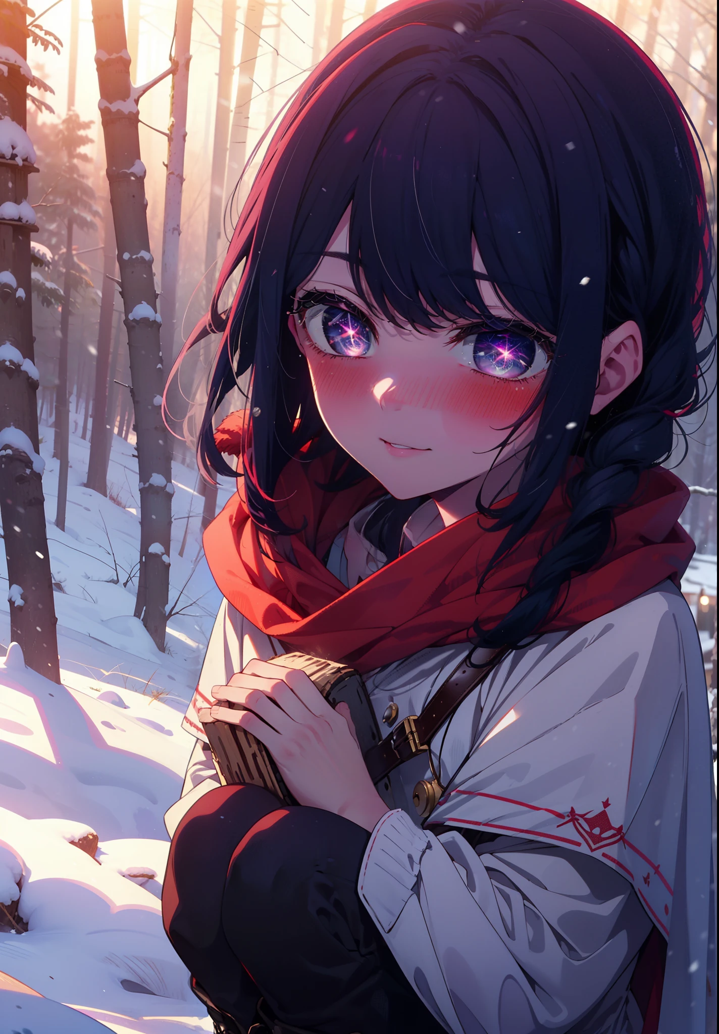 aihoshino, Ai Hoshino, Long Hair, bangs, (Purple eyes:1.1), Purple Hair, (Symbol-shaped pupil:1.5), smile,,smile,blush,White Breath,
Open your mouth,snow,Ground bonfire, Outdoor, boots, snowing, From the side, wood, suitcase, Cape, Blurred, , forest, White handbag, nature,  Squat, Mouth closed, Cape, winter, Written boundary depth, Black shoes, red Cape break looking at viewer, Upper Body, whole body, break Outdoor, forest, nature, break (masterpiece:1.2), Highest quality, High resolution, unity 8k wallpaper, (shape:0.8), (Beautiful and beautiful eyes:1.6), Highly detailed face, Perfect lighting, Extremely detailed CG, (Perfect hands, Perfect ???????),