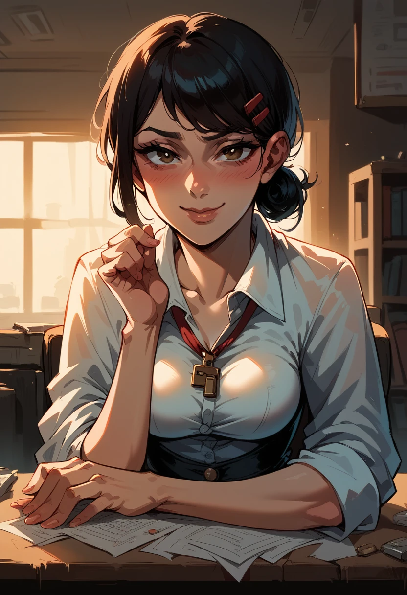 NSFW, hentai, underwear, Masterpiece, The best quality, ultra detailed, illustration, epic lighting, film-like composition, Isometric, 1girl, only, beautiful, brown eyes, black hair, swept bangs, Single side lock, red clamp, charming look, Captivating pose, inside, office, Thrudr, Opening by, looking at the viewer, peeking out of the upper part of the body, blush, seductive smile, Closed mouth,(8k:1.1),