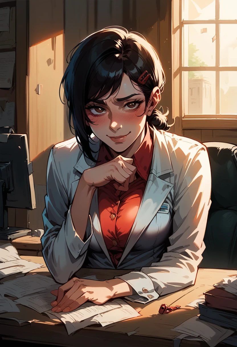 NSFW, hentai, underwear, Masterpiece, The best quality, ultra detailed, illustration, epic lighting, film-like composition, Isometric, 1girl, only, beautiful, brown eyes, black hair, swept bangs, Single side lock, red clamp, charming look, Captivating pose, inside, office, Thrudr, Opening by, looking at the viewer, peeking out of the upper part of the body, blush, seductive smile, Closed mouth,(8k:1.1),