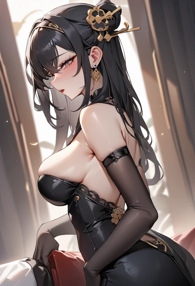 (masterpiece, best quality), 1girl, YInlin, black dress, hairband, detached elbow gloves, hair stick ornament, earring,