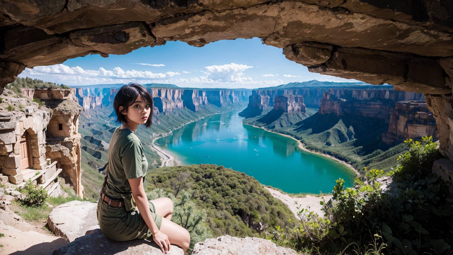 canyon ruins big tree pickaxe explorer explorer clothes hair green adult woman short hair ruins big lake absurdity big sky vast nature