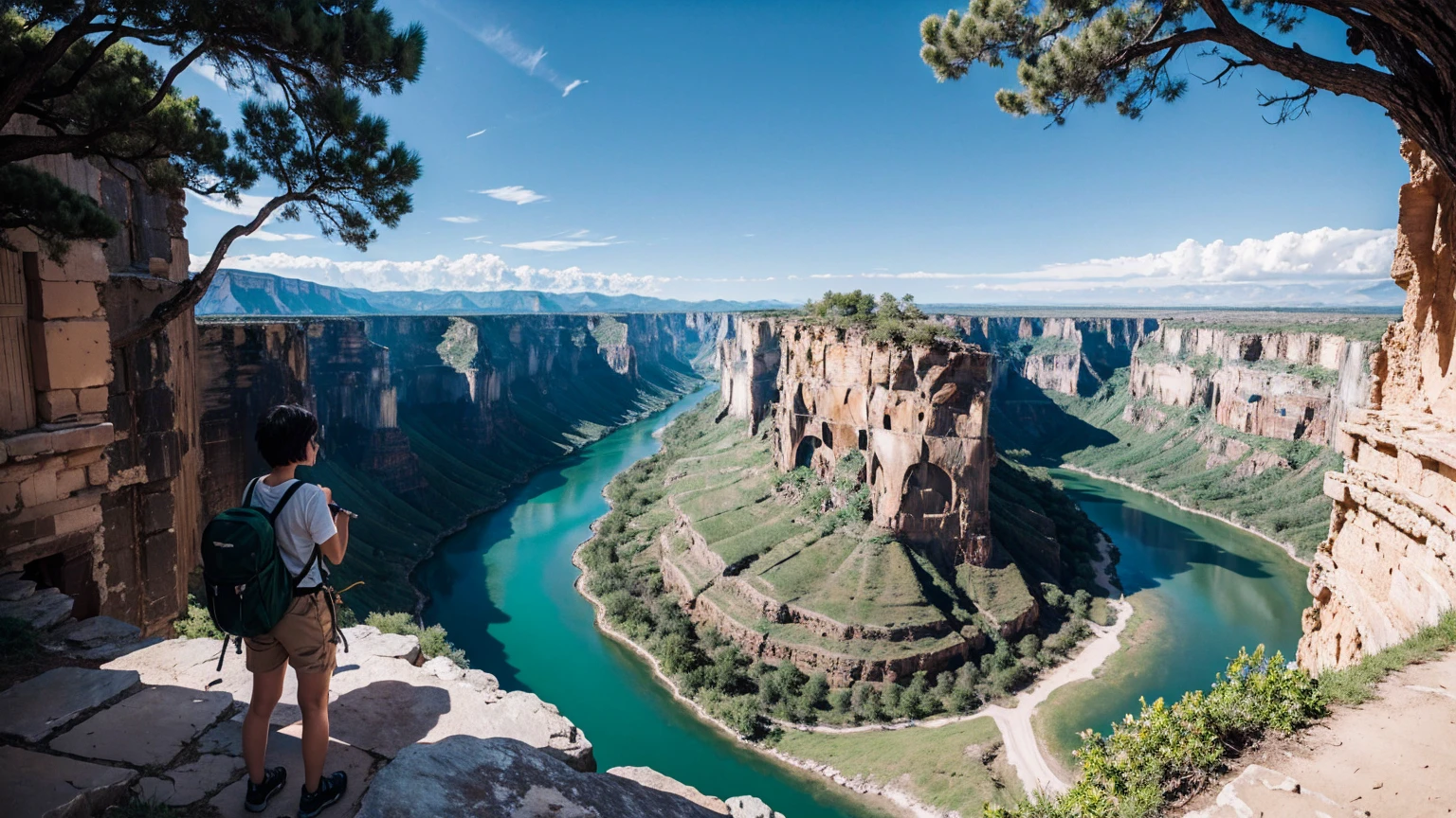 canyon ruins big tree pickaxe explorer explorer clothes hair green adult woman short hair ruins big lake absurdity big sky vast nature