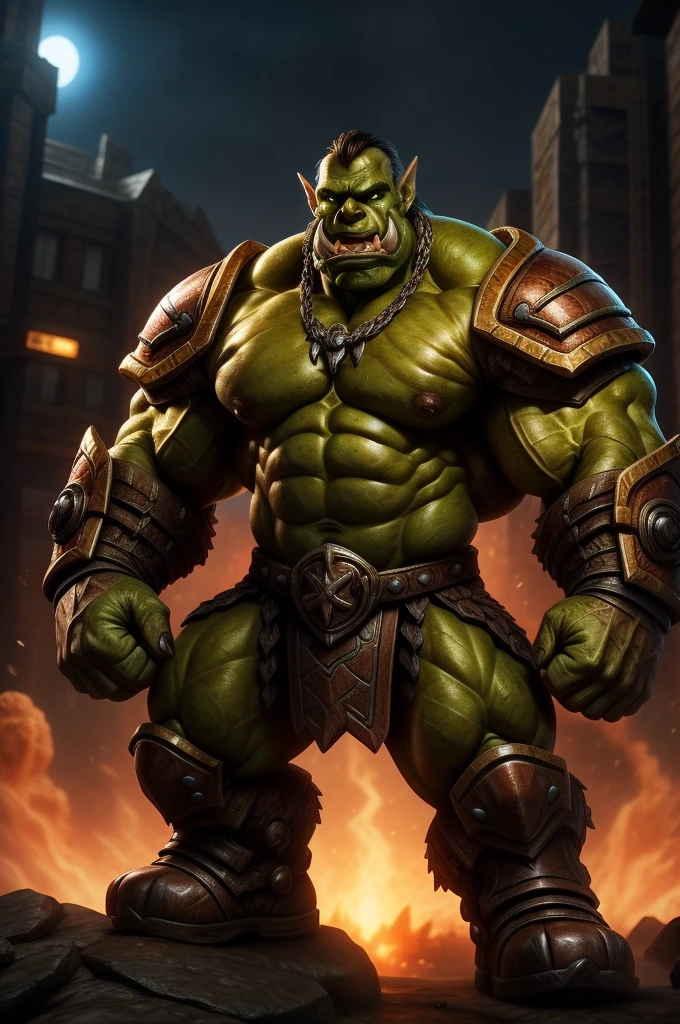 green hyper muscular orc warrior wearing battle armor, bara chest, aggressively flexing, most muscular pose, detailed skin, skin blemishes, lighting should be warm and inviting, casting a soft glow and highlighting the rich colors of his flesh, background cinematic Hollywood movie style, light depth of field, vignette, highly detailed, high budget