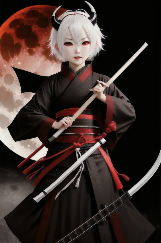 Shamisen, demon eyes, demon horns, short white hair, black ninja outfit, torii gate, expressionless, full moon, fangs