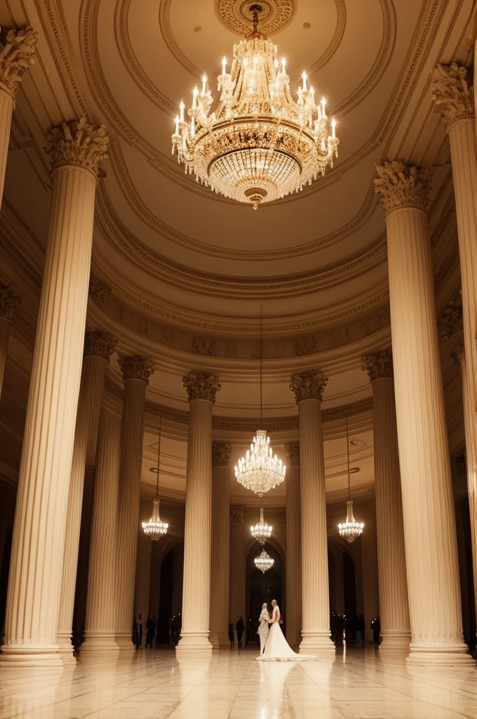 A huge, huge hall with columns, very rich people in very elegant clothes, at night, a big ball