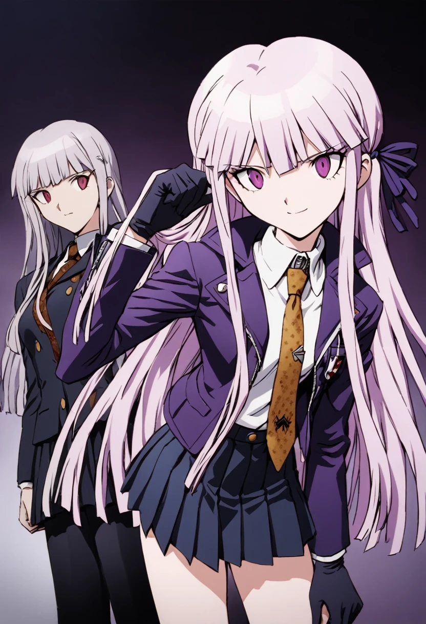 ((masterpiece,High resolution,Highest quality,8K,Detailed faces and anatomy))
(****************,Danganronpa,Kyouko Kirigiri,Purple Hair,Long Hair,Side braiding,Purple eyes,slender)(Black Ribbon,Black gloves,White collared shirt,Purple open jacket,Black pleated skirt,Brown tie,Printed necktie)smile,Touching your hair