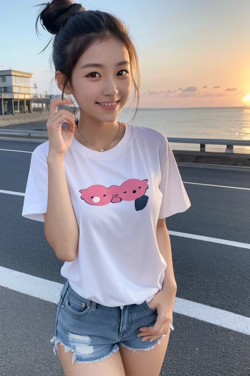 Produce the highest quality and highest resolution 8K images。Please draw the upper body of a 20 year old Japanese woman.。Please draw a picture of a walk along a seaside road at sunset.。She has brown eyes and a model-like figure、She has an idol-level cute face.。Her hair is in a bun.。she、I'm smiling at the camera。What to wear、Short sleeve T-shirt and shorts。Skin has a healthy color。