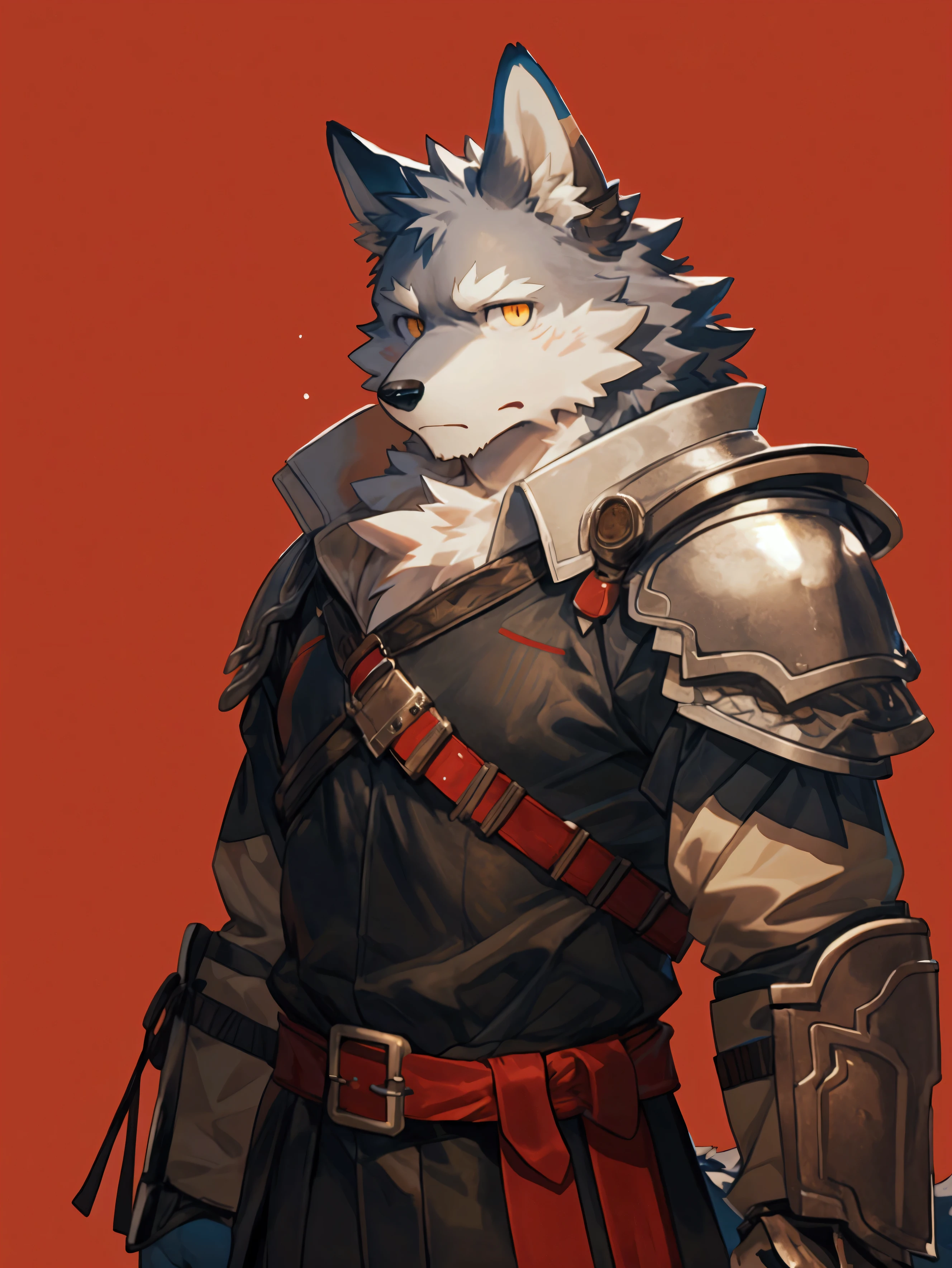 by pgm300,by fuguri,by kiyosan,by milkytiger1145, furry,kemono,anthro, bust portrait, (red background:1.25),black background, abstract background, male,solo, wolf,wolf ears,wolf tail, grey fur,yellow eyes, looking at viewer, light frown, armor black,plate armor,