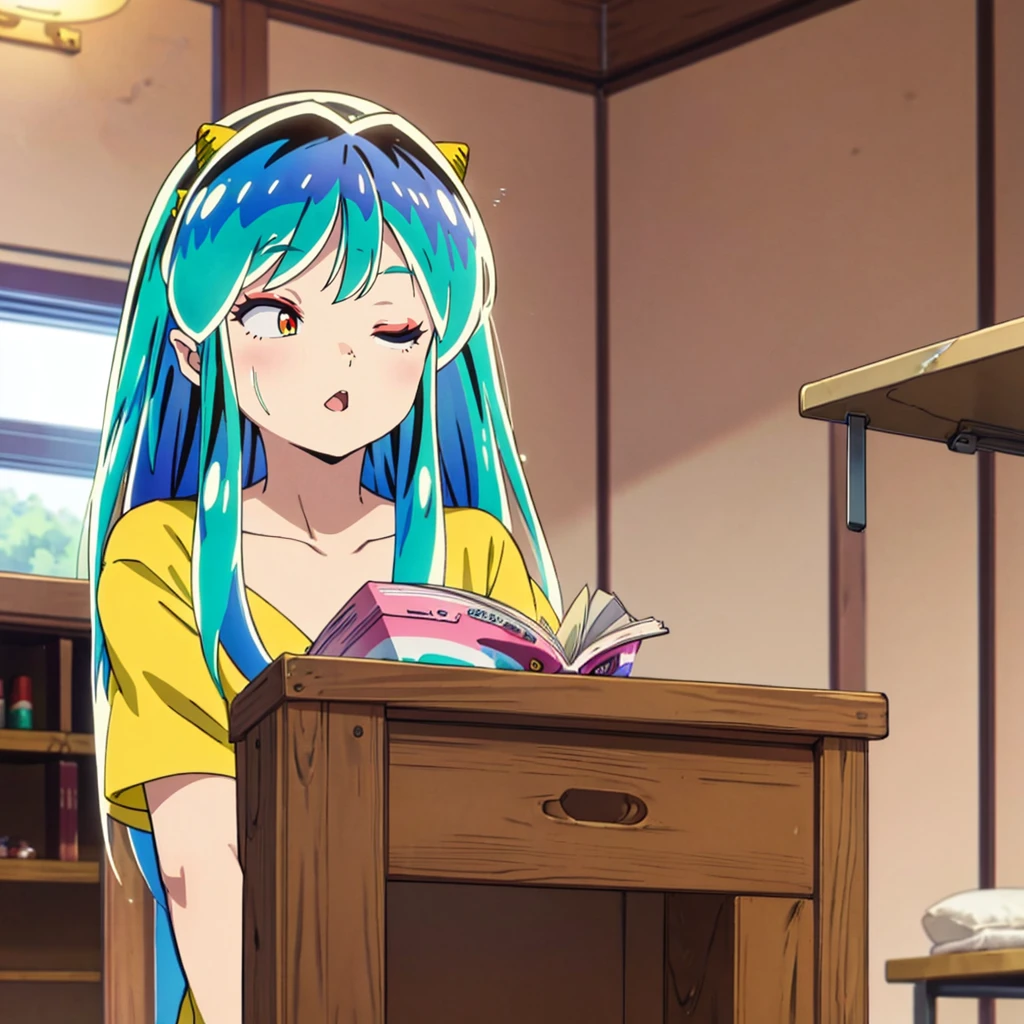 masterpiece, Highest quality, 1 Girl, Lum, 比基尼, anime, Face close-up, Charm, 18-year-old, Ahegao, My hair is messy, Open your mouth slightly, lipstick, sexy, painful, Being spoiled, Sleeping with eyes closed