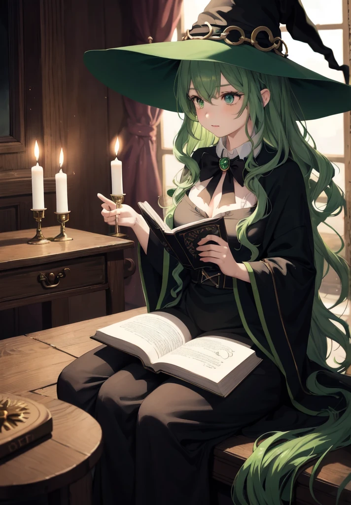 original character , beautiful girl with green wavy hair , witch hat , sitting in a dimley lit room , candles , casting a spell , sitting on the floor , dark room , reading a spell book, looking away , shallow depth of field , rendered , stunning details