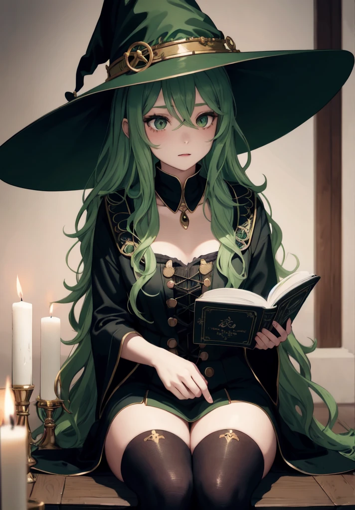 original character , beautiful girl with green wavy hair , witch hat , sitting in a dimley lit room , candles , casting a spell , sitting on the floor , dark room , reading a spell book, looking away , shallow depth of field , rendered , stunning details