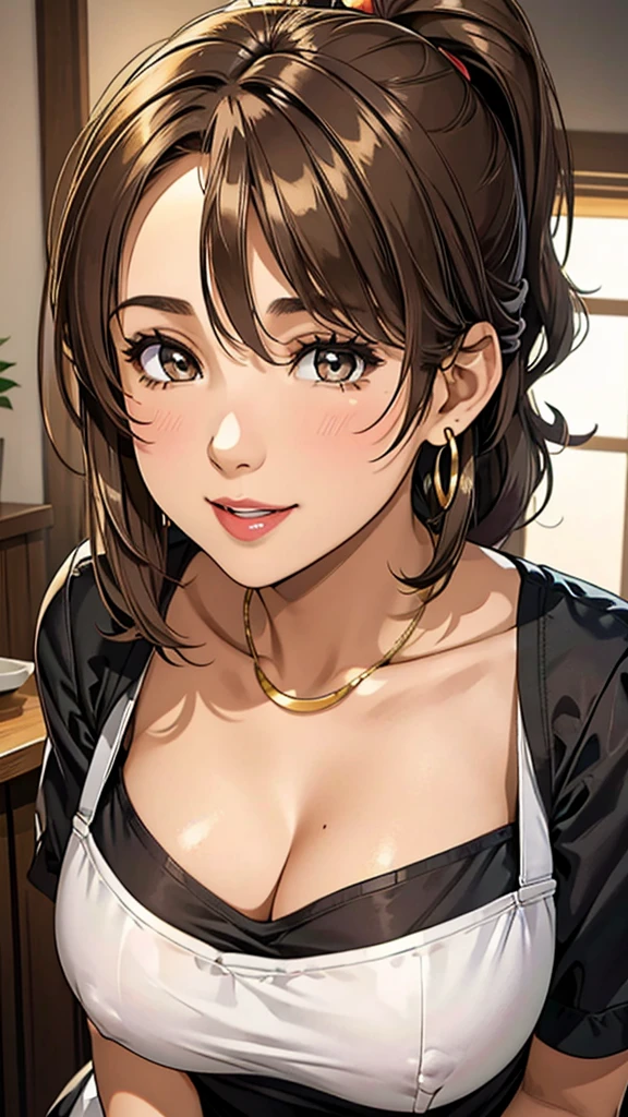 Female 26 years old，housewife，Sunlight，Smile，put on lipstick，light brown short curly hair，Tie a ponytail on the left side，Slightly plump，half moon earrings，Close-up photo of face，Home apron，Huge breasts，There is a mole on the face near the corner of the mouth，gold necklace，Round neck white top