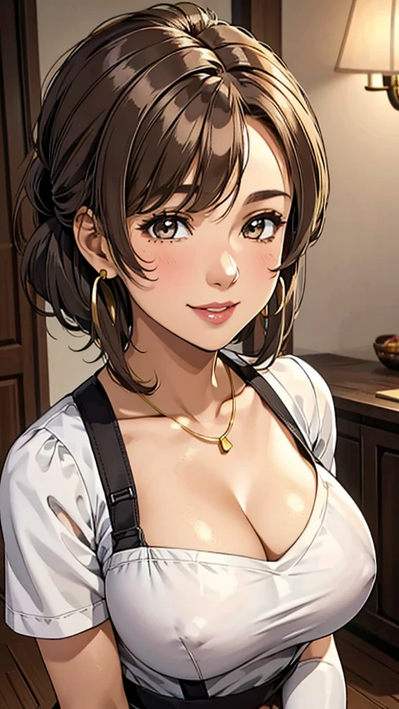 Female 26 years old，housewife，Sunlight，Smile，put on lipstick，light brown short curly hair，Tie a ponytail on the left side，Slightly plump，half moon earrings，Close-up photo of face，Home apron，Huge breasts，There is a mole on the face near the corner of the mouth，gold necklace，Round neck white top