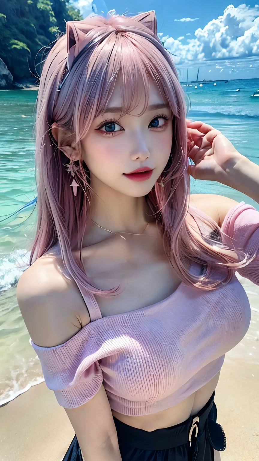 (Masterpiece, BestQuality:1.3), (ultra detailed:1.2), (hyperrealistic:1.3), (RAW photo:1.2), High detail RAW color photo, professional photograph, (Photorealistic:1.4), (realistic:1.4), professional lighting, perfect anatomy, (Big Breasts:1.2), (blush, detailed face), Trending Hair&Trending Hairカラーをランダムに, earrings, necklace, bracelet, sexly, erotic sexly, Random sexy gravure poses, (A pink-haired woman wearing an off-the-shoulder top and shorts on the beach、Enjoying the beach。: 1.3)