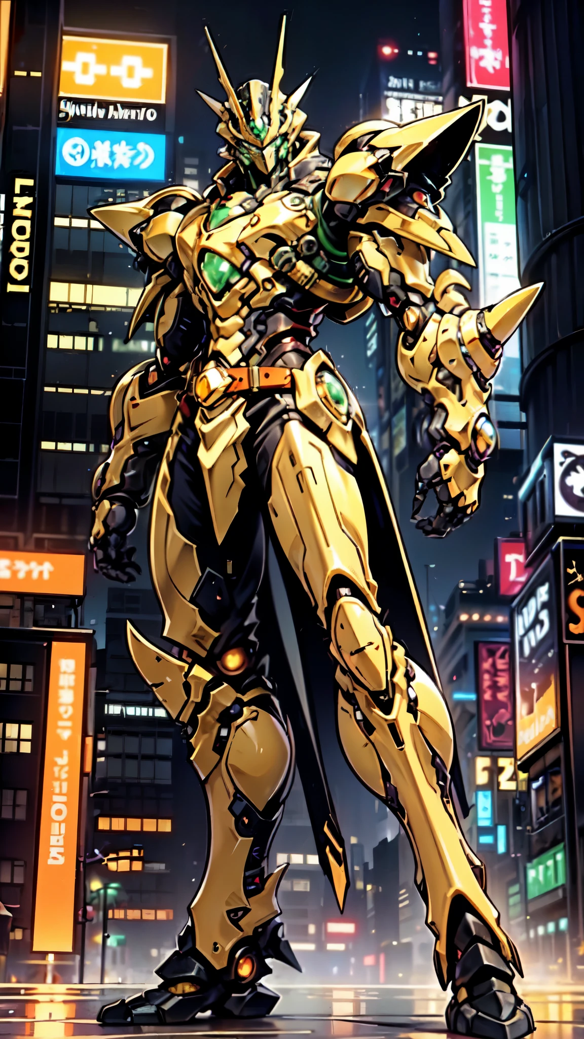 (masterpiece:1.5, best quality:1.5, extremely delicate:1.5, foreshortening:1.5, dynamic angle:1.5), a man wearing a full-face helmet, a fantasy-style biotech armored combat suit, green eyes, (a composite layered chest armor), fully enclosed shoulder guards, matching arm and leg guards, the belt is adorned with neon circuitry, (the color scheme is primarily black glow with green and red accents), the design balances heavy with agility, a high-tech bio-mecha armor, (Armor Concept Inspired by neon Cyberpunk, stand on the top of a skyscraper in a futuristic sci-fi city), this character embodies a finely crafted fantasy-surreal style armored hero in anime style, exquisite and mature manga art style, (element, plasma, energy, the armor glows), ((male:1.5)), metallic, high definition, highres, ultra-detailed, ultra-fine painting, professional, perfect body proportions, golden ratio, anatomically correct, symmetrical face, extremely detailed eyes and face, high quality eyes, creativity, RAW photo, UHD, 32k, Natural light, cinematic lighting, masterpiece-anatomy-perfect