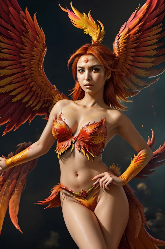 Create a manga-style phoenix with vibrant, fiery feathers and a regal expression, rising from the ashes in a dramatic pose."