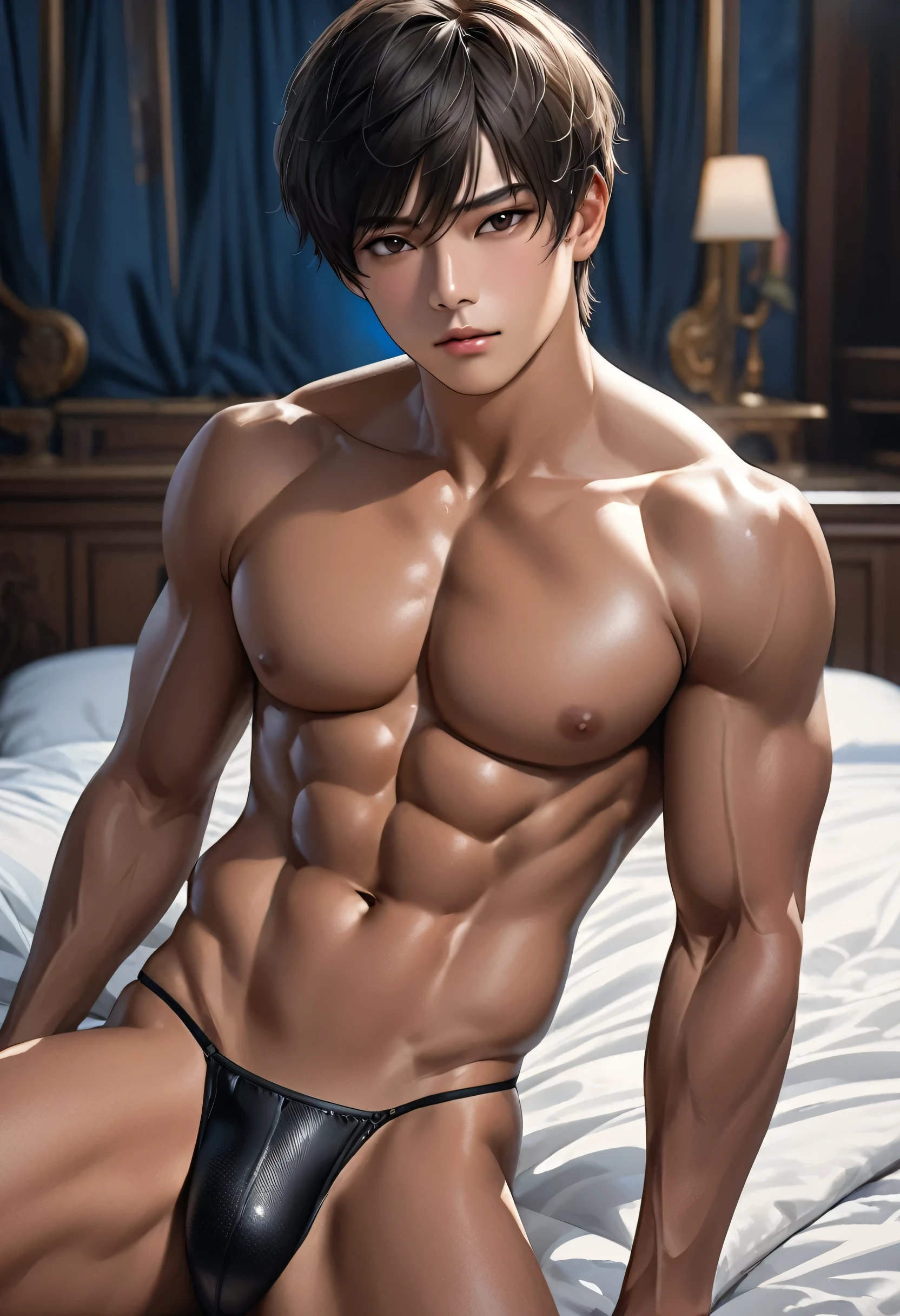 high quality, detailed, Realistic, ( tanned japanese idol boy), (detailed black eyes), (black short hair), (muscle), (tanned dark brown skin), night palace bedroom, (black tiny thong), (bulge), (detailed nipples), detailed areola,best quality,4k,8k,highres,masterpiece:1.2),ultra-detailed,(realistic,photorealistic,photo-realistic:1.37), face close up, --no watch,looking at viewer,