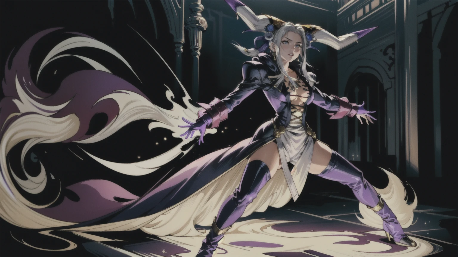 masterpiece, hyperrealistic, best quality, full body image, combat stance, (ultimecia from ffviii), horns, facial markings, white hair, time sorceress ultimecia's dress, purple magical energy around her