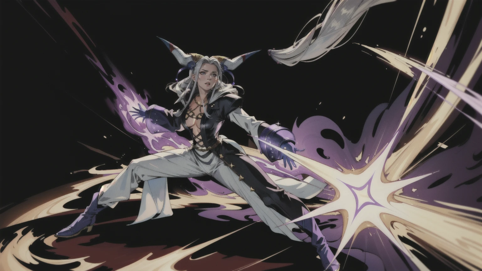 masterpiece, hyperrealistic, best quality, full body image, combat stance, (ultimecia from ffviii), horns, facial markings, white hair, time sorceress ultimecia's dress, purple magical energy around her