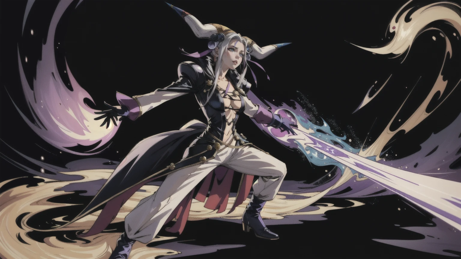 masterpiece, hyperrealistic, best quality, full body image, combat stance, (ultimecia from ffviii), horns, facial markings, white hair, time sorceress ultimecia's dress, purple magical energy around her