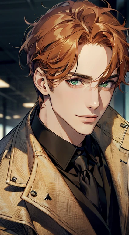 (Highest quality,4K,8K,High resolution,masterpiece:1.2),Super detailed,(Realistic,photoRealistic,photo-Realistic:1.37),1 person,31 years old,Mature Men,Beautiful skin、very handsome,Expressionless smile in love,Short orange hair,green eyes,Sharp Eyes,A perfect face without a doubt,Businessman,Office Background,Cinema Lighting,HDR image,tie、