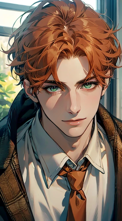 (Highest quality,4K,8K,High resolution,masterpiece:1.2),Super detailed,(Realistic,photoRealistic,photo-Realistic:1.37),1 person,31 years old,Mature Men,Beautiful skin、very handsome,Expressionless smile in love,Short orange hair,green eyes,Sharp Eyes,A perfect face without a doubt,Businessman,Office Background,Cinema Lighting,HDR image,tie、