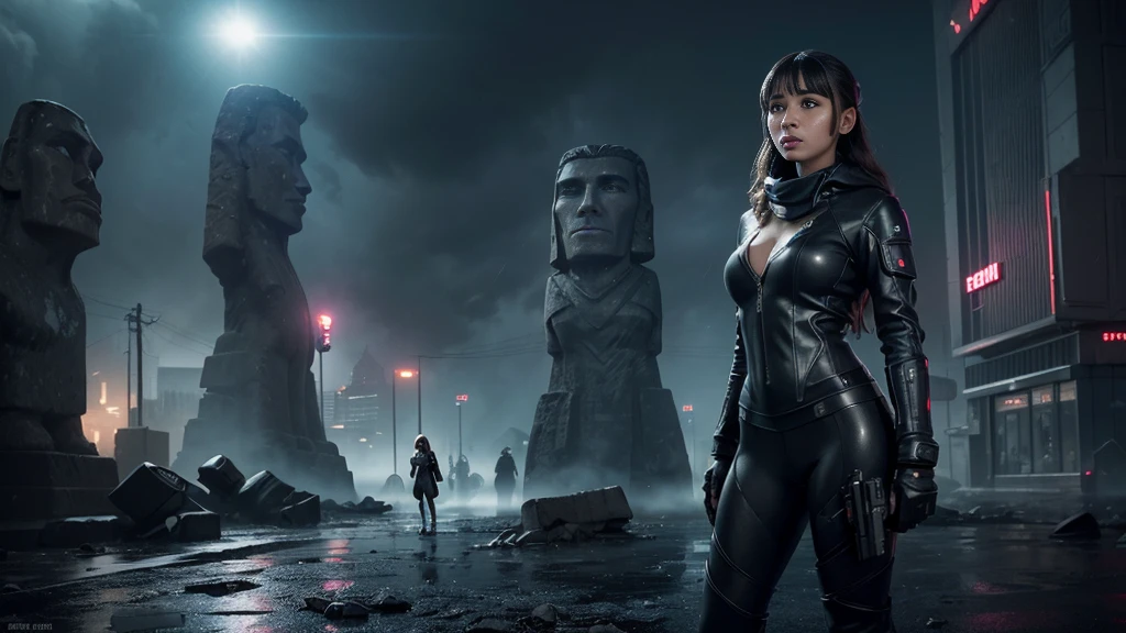 At night, dark sky, gorgeous Woman, (walks In a frozen cyberpunk city in ruins), (Moai-statue). Heavy tropical rain, Head slightly tilted back, leather suit, Distorted Space, Light Shafts, Volumetric Lighting, 4k Rendering, Stock Photo, Realistic Textures, Dramatic Lighting, Unreal Engine. Electric lighting. Windy messy hair. (((((1girl, solo, alone))))), medium-breast:1.1 slim body, cleavage, (headphone, black sunglasses), (((hip-up standing and holding pistol))), (((((half-body thigh level medium shot))))), cinematic lighting, lens flare, ray tracing.