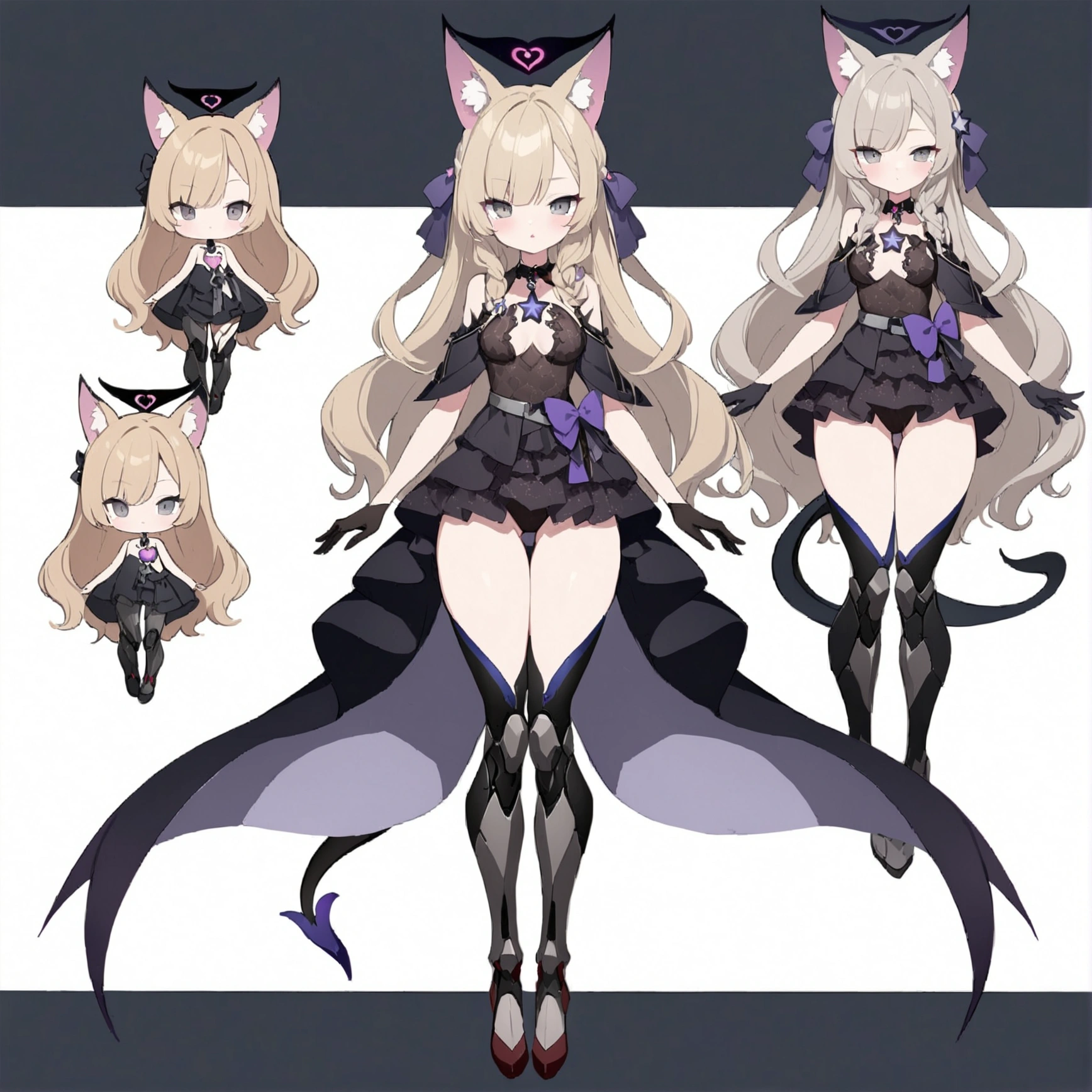 woman 170 cm tall. medium chest, wide hip, slim build, ((whole body)). (((character design sheet: front view))). (dark blonde hair, (hip-length wavy hair with asymmetrical bangs), She has a short braid tied with an elegant purple bow on the left side of her hair above her chest. She has a short braid tied with an elegant purple bow on the right side of her hair above her chest. She has small ribbons in the back of her hair..). ((Gray eyes with a pink 4-pointed star in the pupil.)). Two black and purple serval ears located on the top of the head.. Luminous black halo with purple star patterns above his head. He has a black collar with a heart emblem on his neck.. (Elegant one-piece long dress with lace and ruffle skirt, ribbon decorations and star patterns on the dress). black gloves, beautiful black platform heels. gray belt at the waist with a large ribbon with a luminous pink heart in the middle. (It has a succubus tail with a small purple star on the tip.). ((It has complex mechanical legs that reach up to the thighs and are black with small purple details..)). beautiful detailed hair, beautiful detailed dress. extremely detailed arms. extremely detailed face, small face, Beautiful detailed eyes, beautiful detailed lips. adorable. extremely detailed legs. (Best Quality, 4k, high resolution), ultra detailed, Exquisite and epic character art., ((White background)).