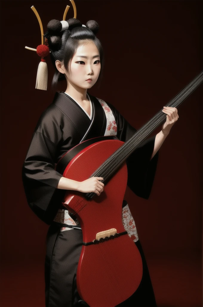 Shamisen, Demon&#39;s eyes, Demon&#39;s horns, White short hair, Black ninja costume, Torii, Man, Full moon, Fangs