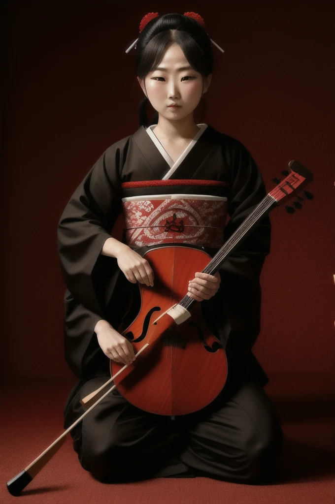 Shamisen, Demon&#39;s eyes, Demon&#39;s horns, White short hair, Black ninja costume, Torii, Man, Full moon, Fangs