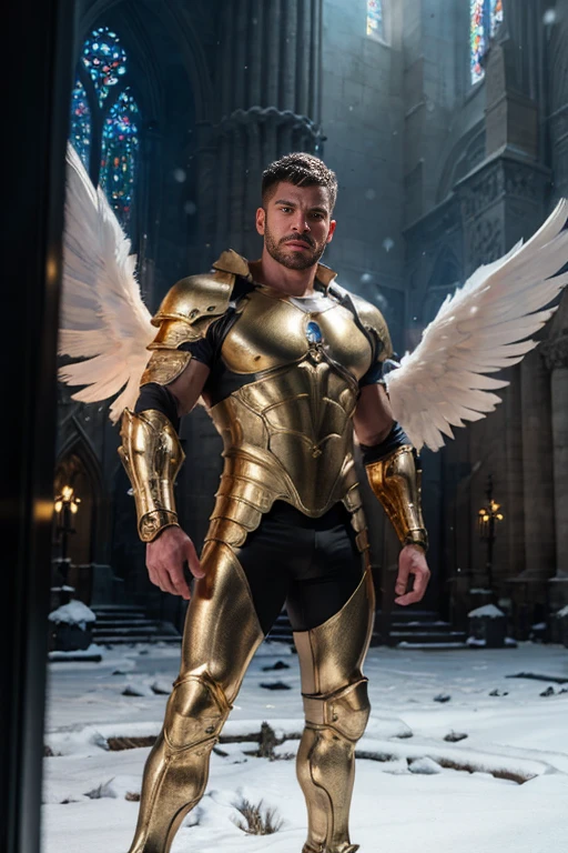 ultra high res, best quality, photo, 4k, (photorealistic:1.4), cinematic lighting, a male angel with large translucent wings,muscular man, abdominal muscle, wearing medieval gold armor, detailed feathers, cyberpunk environment, snow and  environment in the background, cathedral of , portal of the future, volumetric light, HD, magic, god light, backlighting, detailed face, contrapposto,