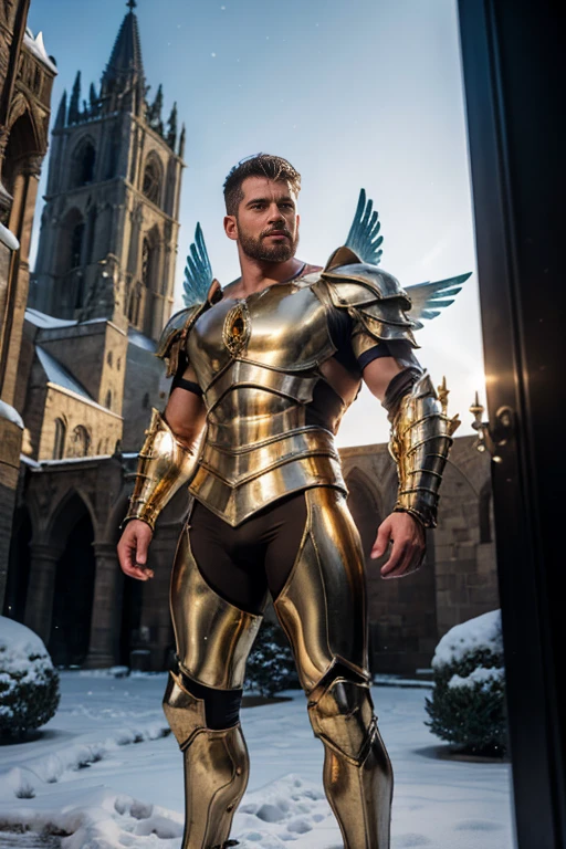 ultra high res, best quality, photo, 4k, (photorealistic:1.4), cinematic lighting, a male angel with large translucent wings,muscular man, abdominal muscle, wearing medieval gold armor, detailed feathers, cyberpunk environment, snow and  environment in the background, cathedral of , portal of the future, volumetric light, HD, magic, god light, backlighting, detailed face, contrapposto,