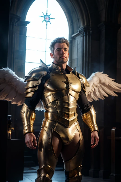 ultra high res, best quality, photo, 4k, (photorealistic:1.4), cinematic lighting, a male angel with large translucent wings,muscular man, abdominal muscle, wearing medieval gold armor, detailed feathers, cyberpunk environment, snow and environment in the background, cathedral of , portal of the future, volumetric light, HD, magic, god light, backlighting, detailed face, contrapposto,