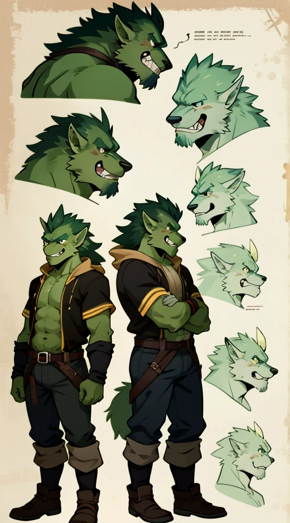 high resolution, Top quality, best quality, Paid rewards available, High quality illustrations, An unrivalled masterpiece, Perfect work of art, absurd, Perfect anatomical structure, Standing Orc Boy, Three View, front、side and back, Role List, Character Design Werewolf, Anime Characters, Smile, hapiness, Play, Smile, hapiness的, facial expression, Detailed description of the character, text, Collection of background materials,