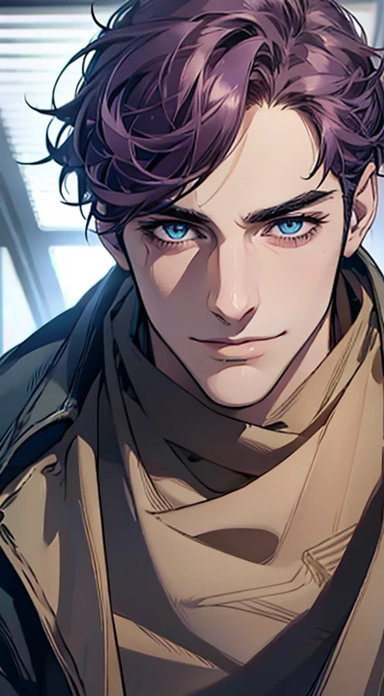 (best quality,4k,8k,highres,masterpiece:1.2),ultra-detailed,(realistic,photorealistic,photo-realistic:1.37),1 man,31 years old,mature man,very handsome,without expression,smile,short purple hair,blue eyes,penetrating gaze,perfect face without errors,imposing posture,businessman,office background,cinematic lighting,hdr image
