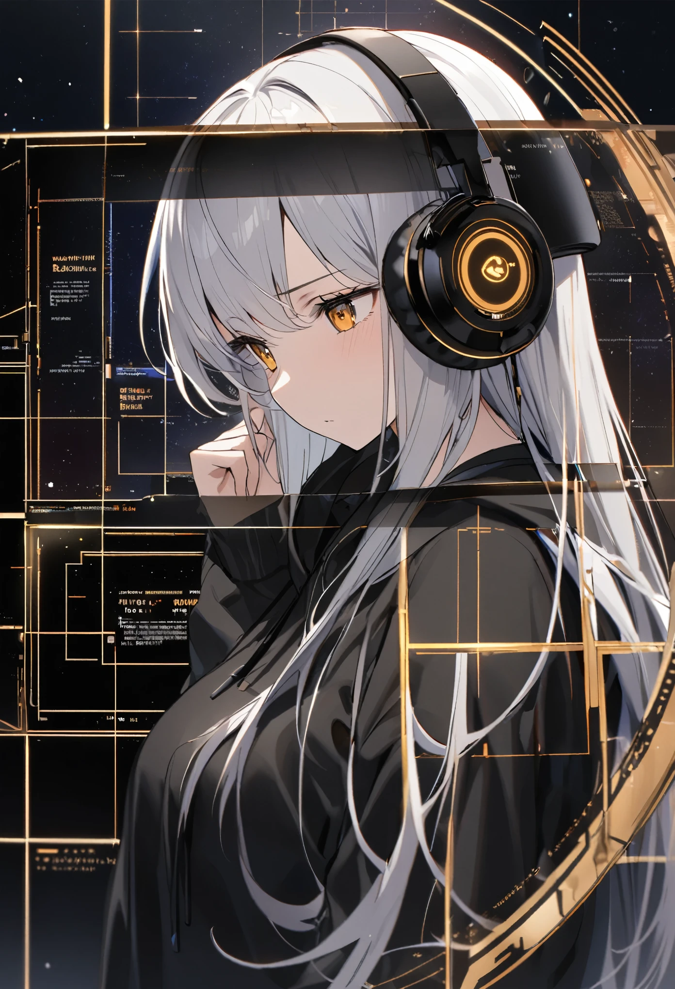 A woman operates a transparent touch panel monitor in the space in front of her face、Silver Hair、Semi-long hair、Wearing cool headphones,{{{{{{{{ Oversized black hoodie }}}}}}}},Beautiful and delicate golden eyes,thought,Black clothes, Detailed Background, Golden Ratio, High-definition writing,