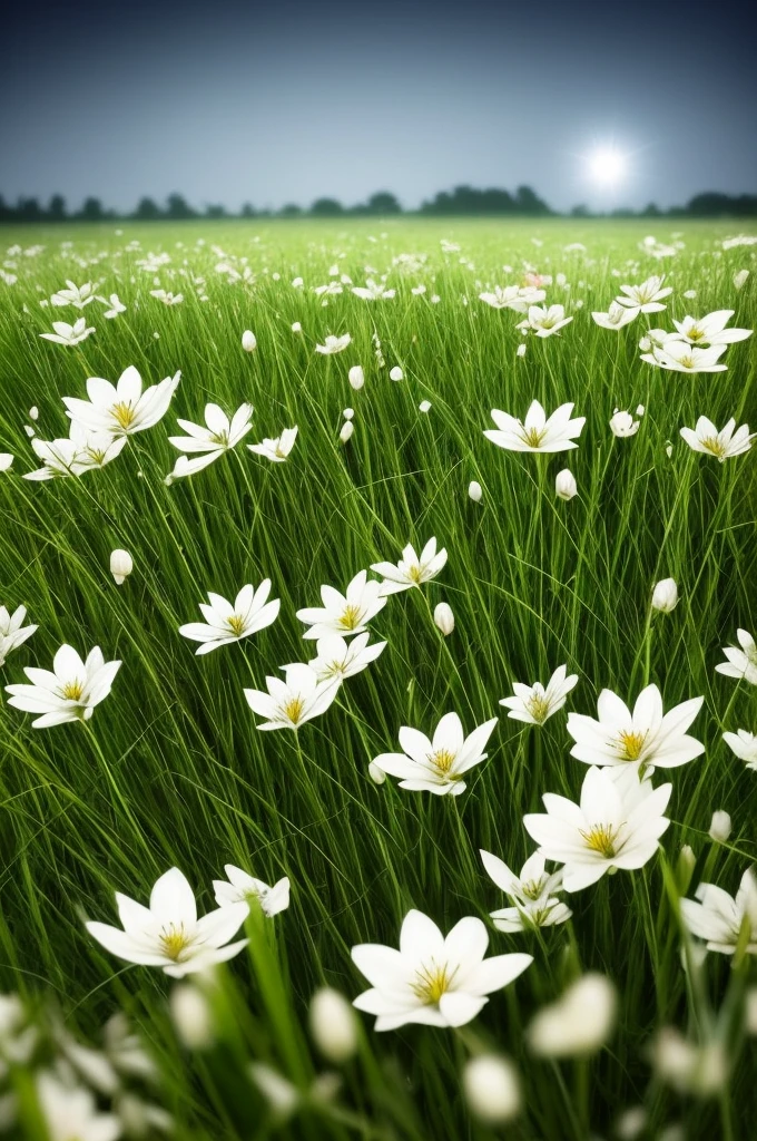 there are many white flowers that are growing in the grass, a macro photograph by Igor Zenin, flickr, art nouveau, extremely beautiful and ethereal, glowing flowers, luminous flowers, ethereal!!!!!!!, ethereal beauty, pale green glow, glowing delicate flower, magical flowers, incredibly ethereal, beautiful!!!!!!!!!, glowing neon flowers, pale green backlit glow, very ethereal