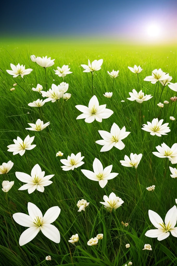 there are many white flowers that are growing in the grass, a macro photograph by Igor Zenin, flickr, art nouveau, extremely beautiful and ethereal, glowing flowers, luminous flowers, ethereal!!!!!!!, ethereal beauty, pale green glow, glowing delicate flower, magical flowers, incredibly ethereal, beautiful!!!!!!!!!, glowing neon flowers, pale green backlit glow, very ethereal