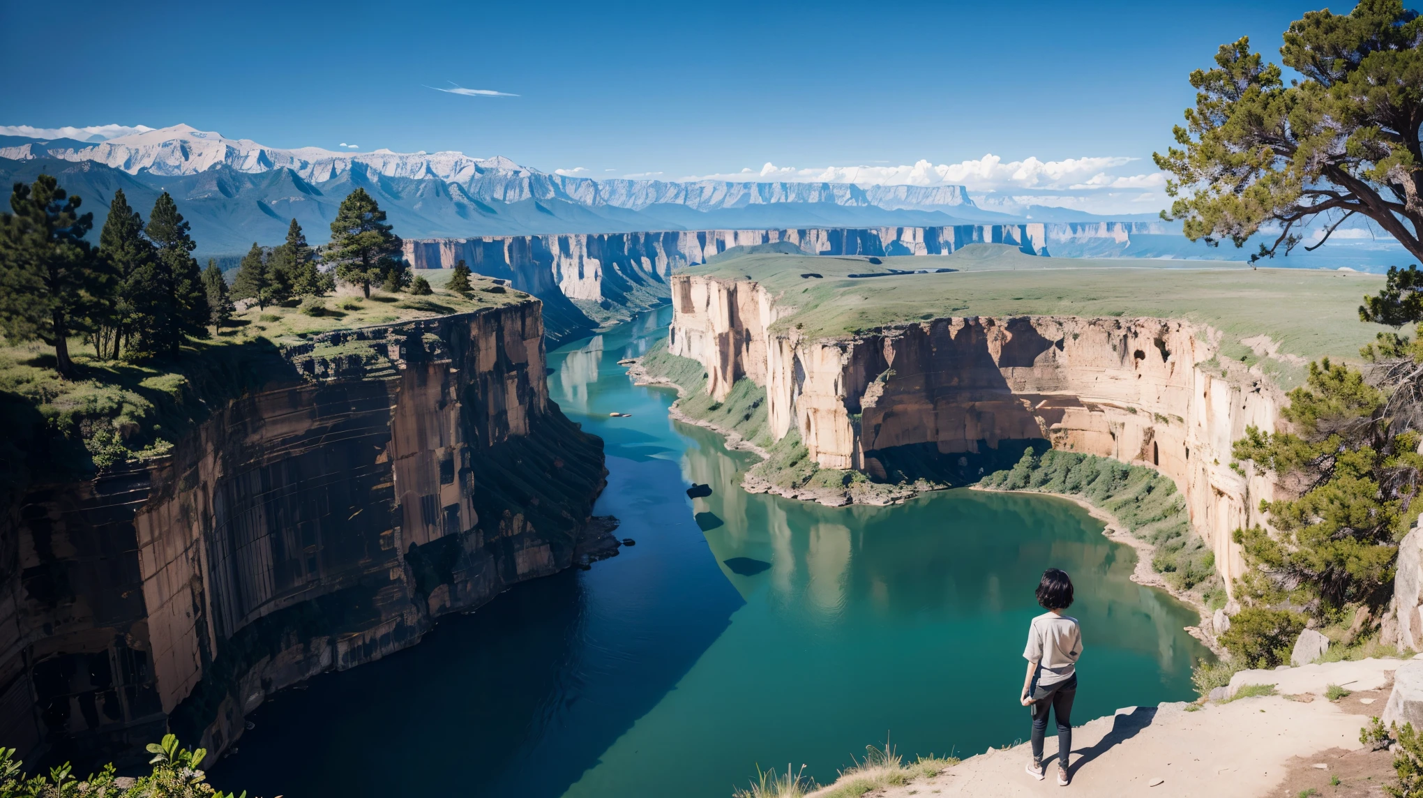 canyon ruins big tree pickaxe explorer explorer clothes hair green adult woman short hair ruins big lake absurdity big sky vast nature