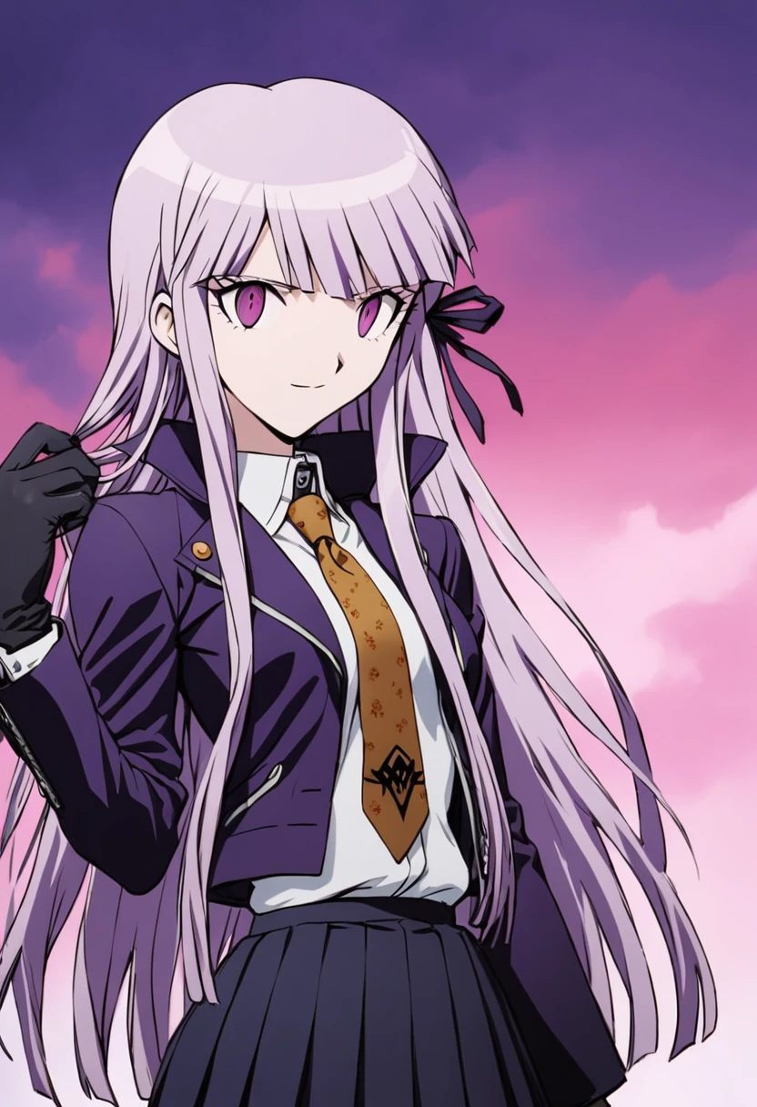 ((masterpiece,High resolution,Highest quality,8K,Detailed faces and anatomy))
(****************,Danganronpa,Kyouko Kirigiri,Purple Hair,Long Hair,Side braiding,Purple eyes,slender)(Black Ribbon,Black gloves,White collared shirt,Purple open jacket,Black pleated skirt,Brown tie,Printed necktie)smile,Touching your hair