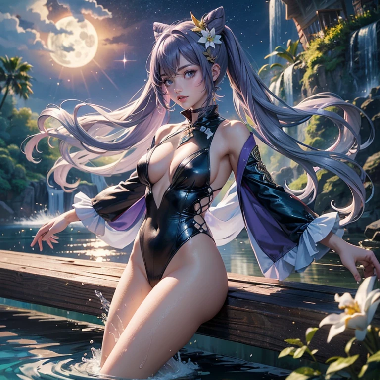 1 girl, lake scene, seat on the water, black suit, white details on her clothes, waterfall, white flowers on focus, full moon, night, flowing hair, crystals, sparkles, swim suit, purple hair,