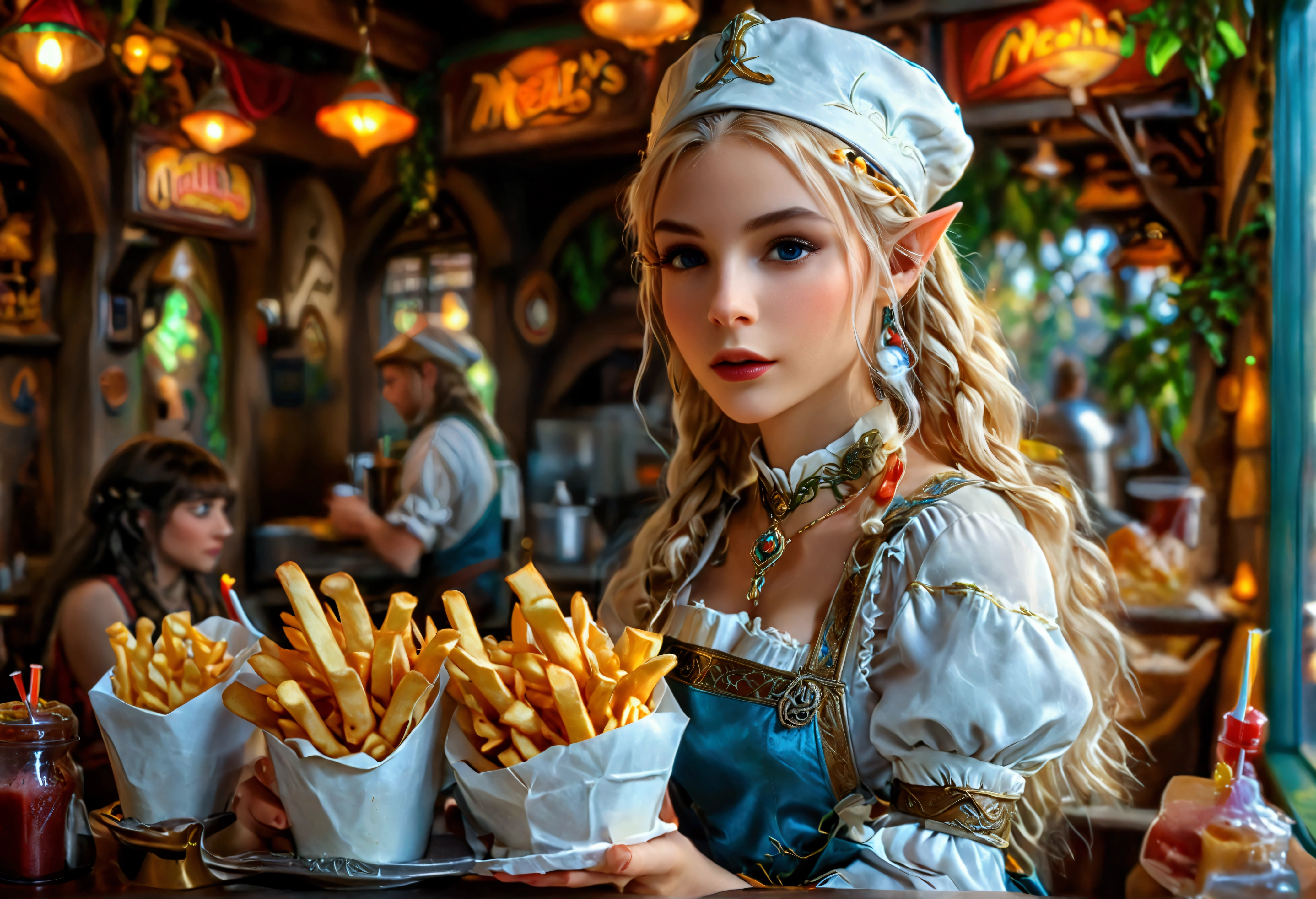 A beautiful elven princess working as a fast food server at Merlin's, wearing an apron and cap, serving magic milkshakes and baskets of fries, high fantasy, extremely detailed, intricate details, photorealistic, 8k, dramatic lighting, vivid colors, cinematic composition, fantasy elements, fantasy food, fantasy restaurant interior