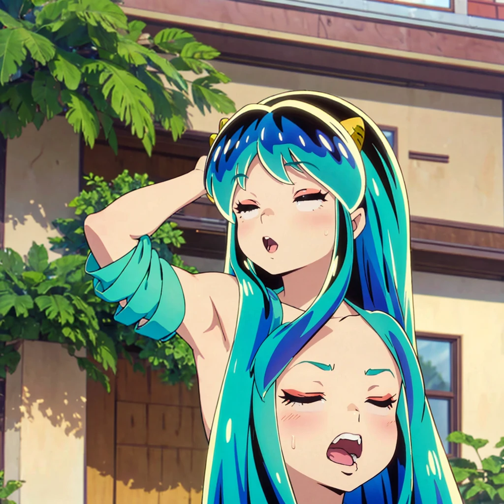 masterpiece, Highest quality, 1 Girl, Lum, 比基尼, anime, Face close-up, Charm, 18-year-old, Ahegao, My hair is messy, Open your mouth slightly, lipstick, sexy, painful, Being spoiled, Sleeping with eyes closed
