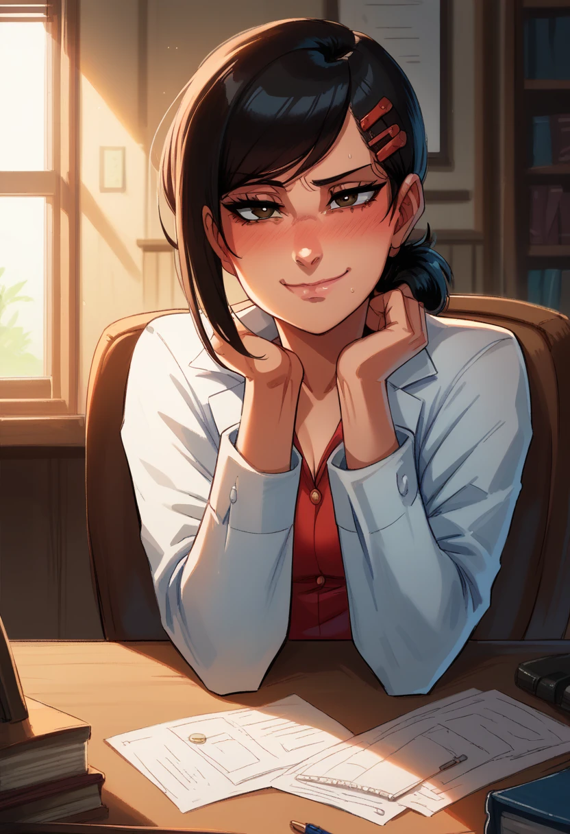 NSFW, hentai, underwear, Masterpiece, The best quality, ultra detailed, illustration, epic lighting, film-like composition, Isometric, 1girl, only, beautiful, brown eyes, black hair, swept bangs, Single side lock, red clamp, charming look, Captivating pose, inside, office, Thrudr, Opening by, looking at the viewer, peeking out of the upper part of the body, blush, seductive smile, Closed mouth,(8k:1.1),