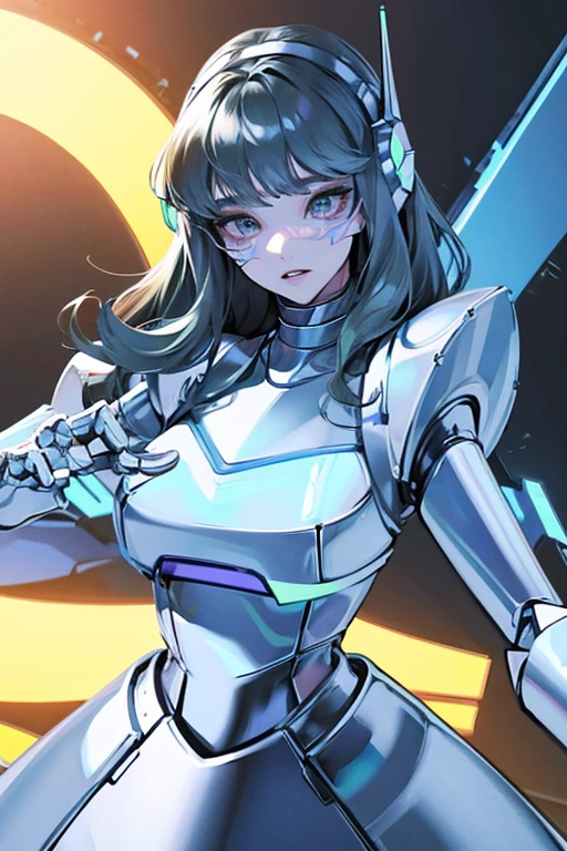 empty eyes,robotized woman ,big bust,Robot Joint ,Metal skin,dress,android,Robot Suit